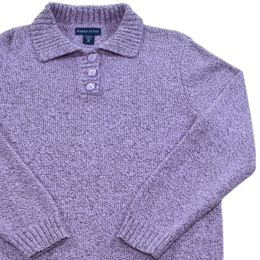 Karen Scott Women's Purple Heathered Knit Collared Button Neck‎ Sweater Medium